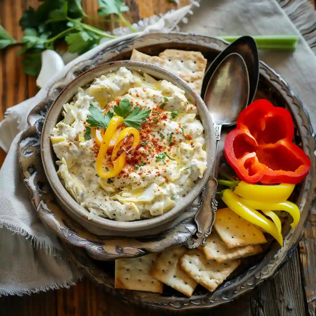 high-protein-artichoke-dip-serving A second image serving of high protein artichoke dip with crackers and bell pepper strips