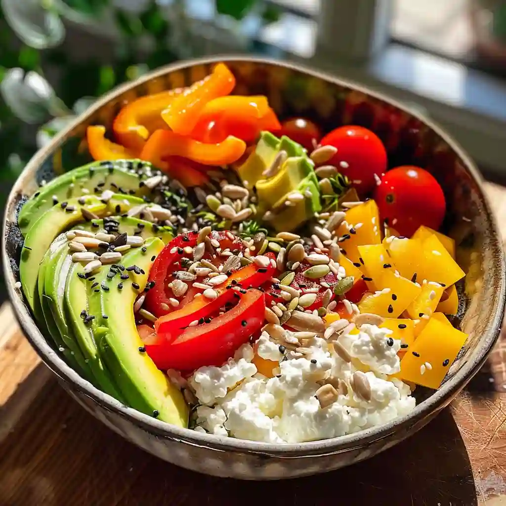 cottage-cheese-protein-bowl Cottage cheese bowl with chicken, quinoa, and veggies on a kitchen table
