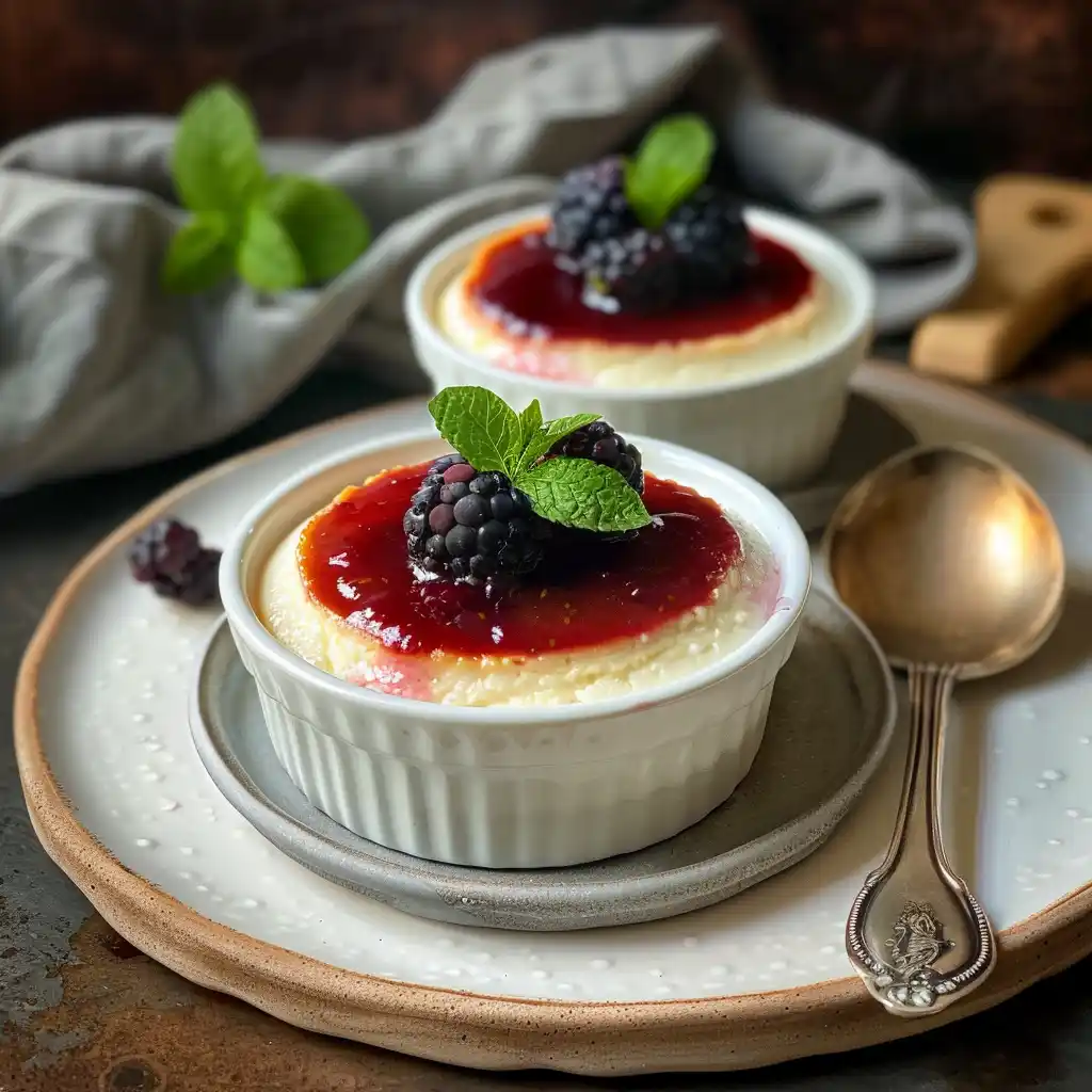 cottage-cheese-cheesecake-serving Cottage cheese cheesecake served in ramekins with berries and mint on a dessert plate