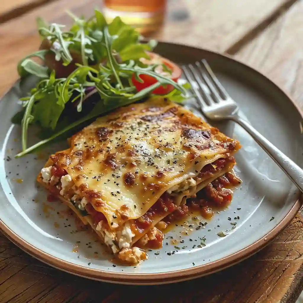 cottage-cheese-lasagna-serving Cottage cheese lasagna slice served with a side salad on a dinner plate