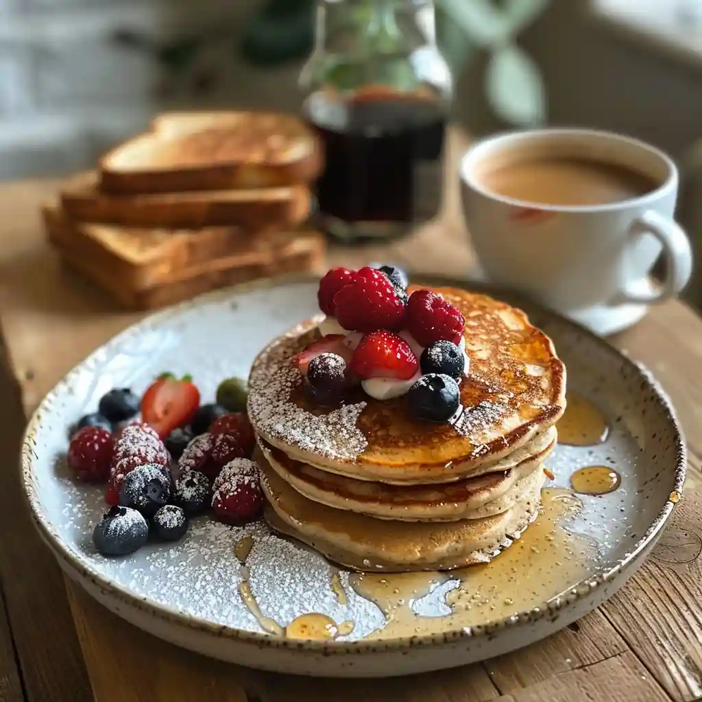 cottage-cheese-pancake-serving Cottage cheese pancakes served with toast, berries, and honey on a breakfast tray