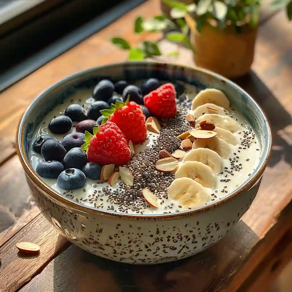 cottage-cheese-smoothie-feature Cottage cheese recipes smoothie bowl topped with berries, chia seeds, and almonds in a rustic bowl