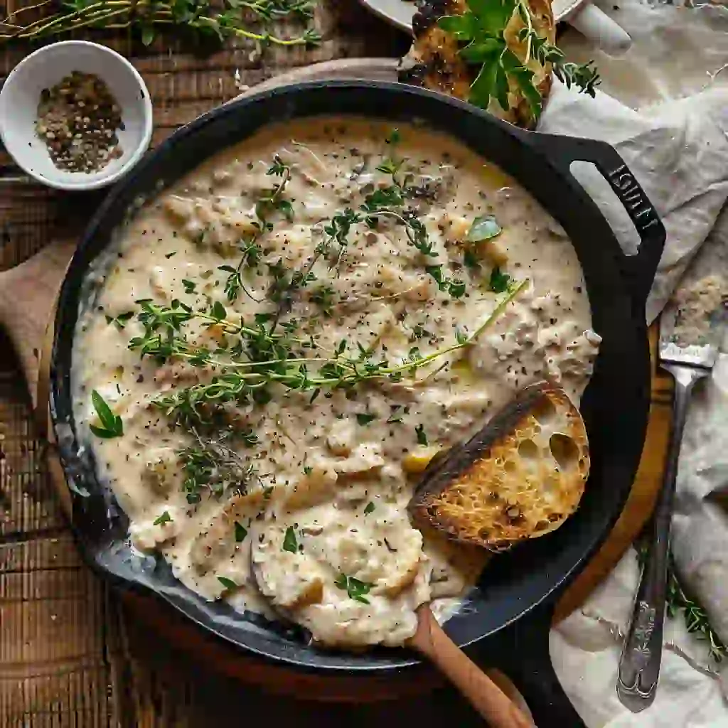 cottage-cheese-skillet-serving Creamy cottage cheese skillet dinner served with bread and herbs on a dinner table
