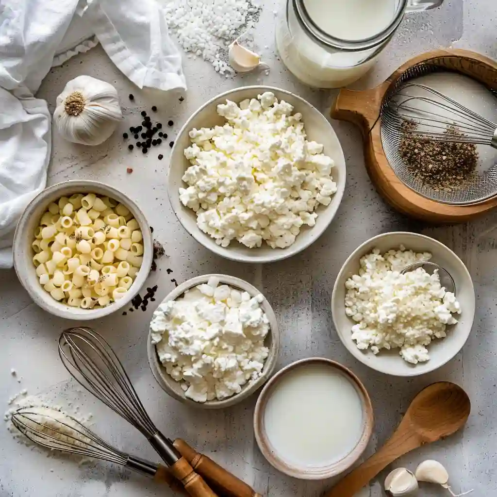 cottage-cheese-salad-ingredients Fresh vegetables, Cottage Cheese Pasta Sauce Without a Blender, lemon, and olive oil laid out on a kitchen counter