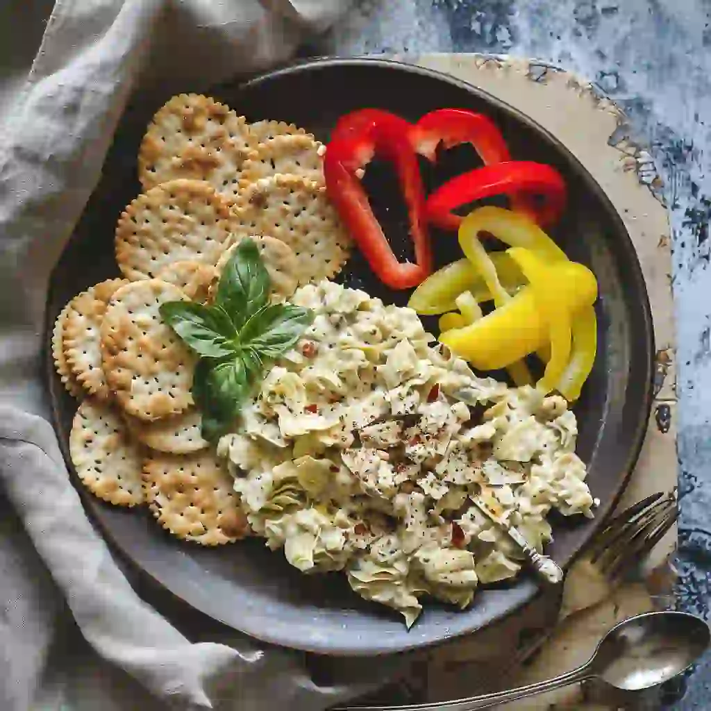 High protein artichoke dip in a ceramic bowl, garnished with spinach and Parmesan