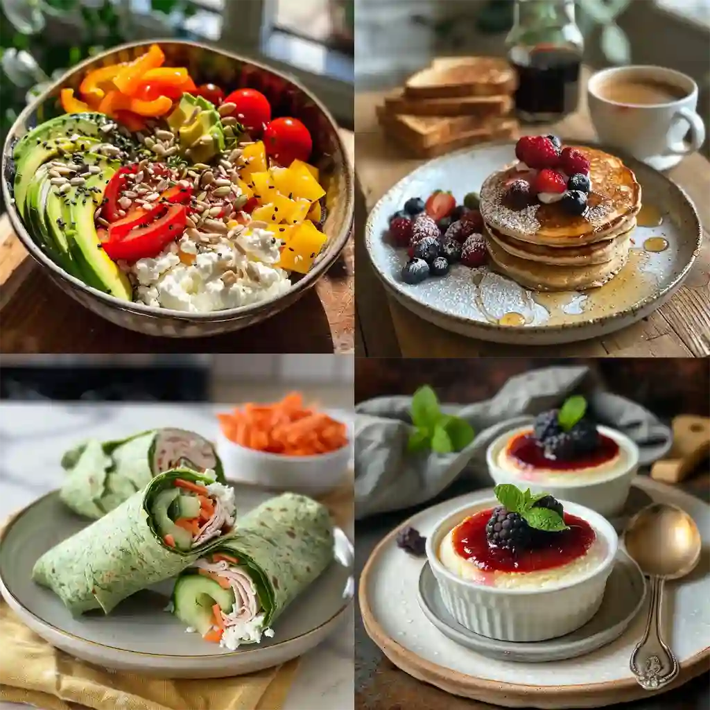 A visually appealing collage showcasing four high-protein cottage cheese meals, including a veggie grain bowl, pancakes with berries, turkey wraps, and a creamy dessert served in ramekins.