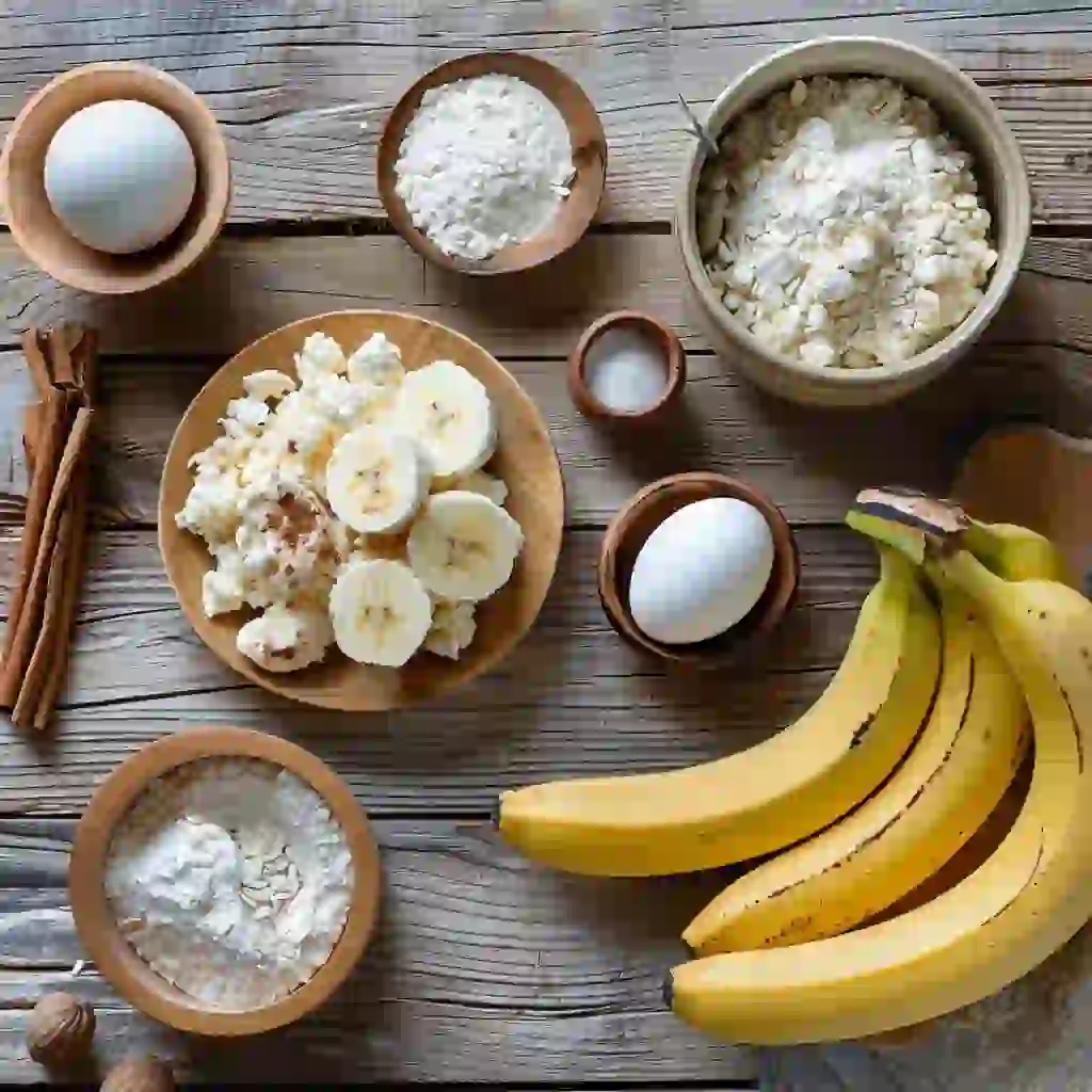 banana-cottage-cheese-muffins-ingredients Ingredients for banana cottage cheese muffins laid out on a wooden surface