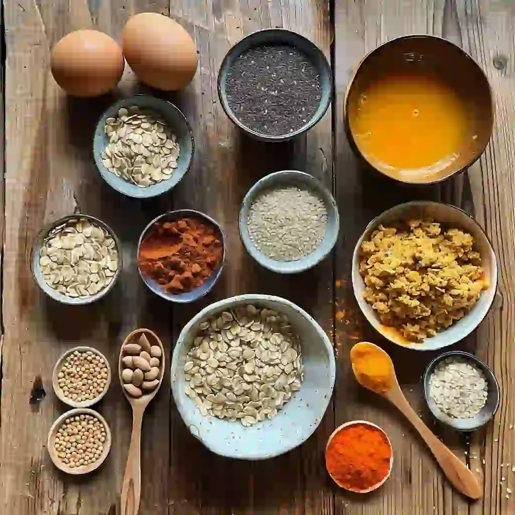 pumpkin-protein-oats-ingredients Ingredients for pumpkin protein baked oats arranged on a wooden kitchen table