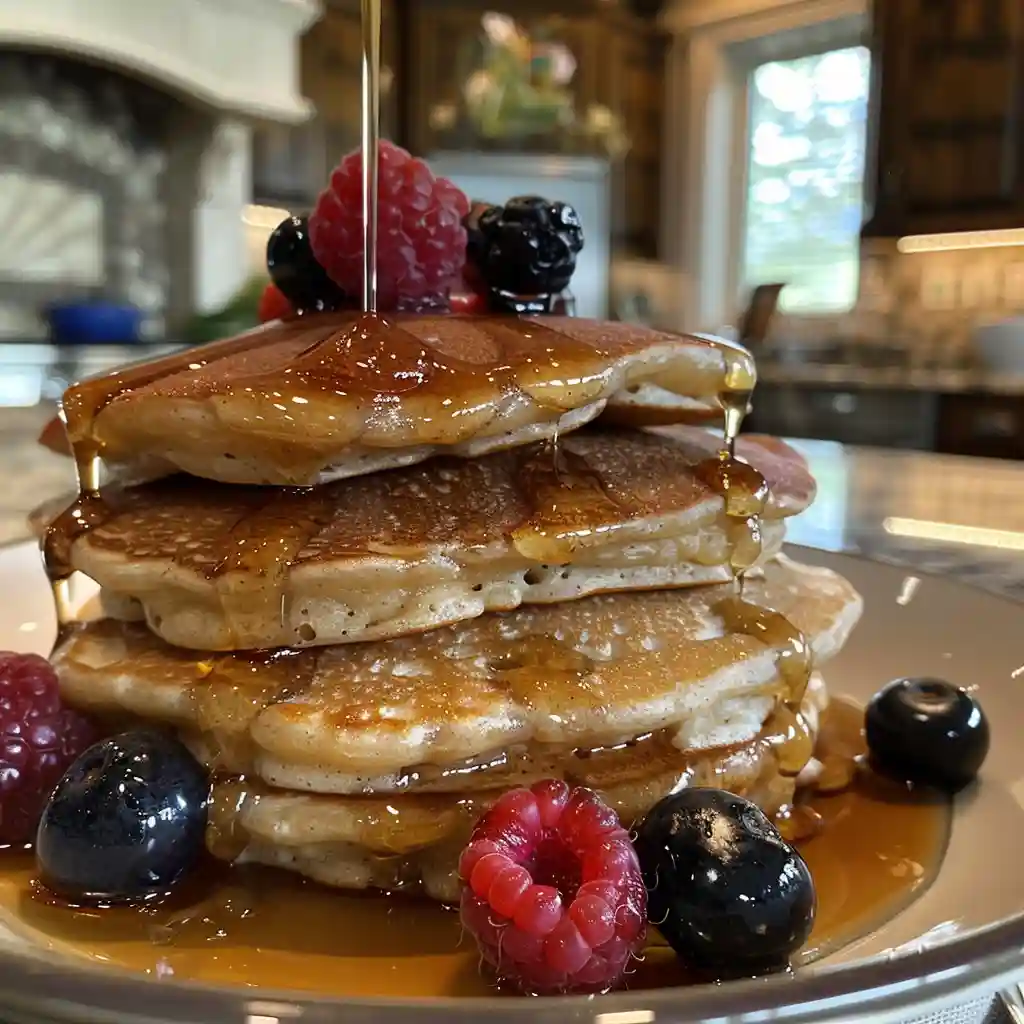 Kodiak Cakes pancakes made with cottage cheese stacked with syrup and berries