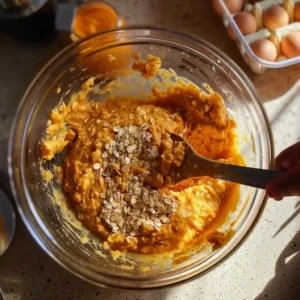 Pumpkin Protein Baked Oats (No Protein Powder!) – Easy High-Protein Fall Breakfast 4 Mixing pumpkin, oats, and eggs in a glass bowl with a wooden spoon