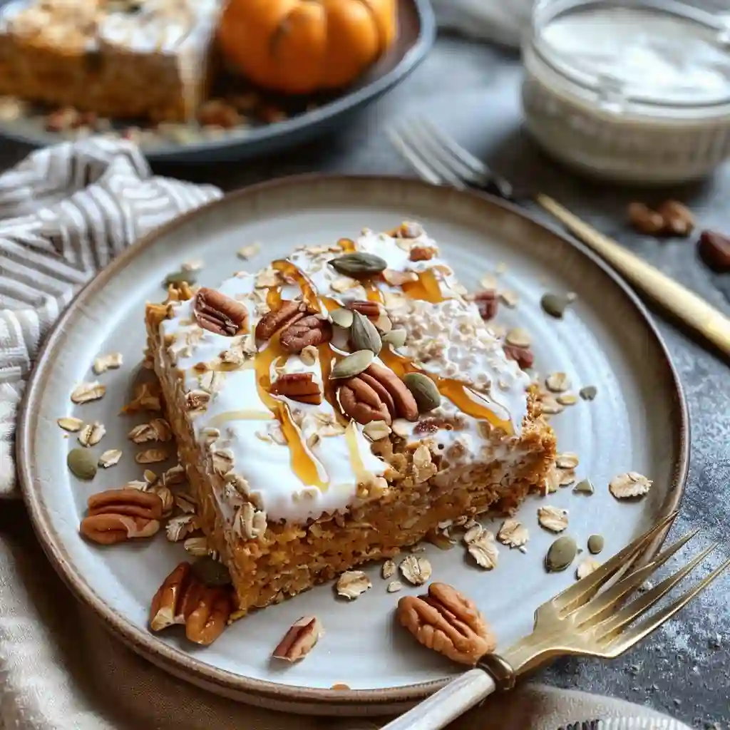 Pumpkin protein baked oats in a rustic ceramic dish, fresh out of the oven with a golden top