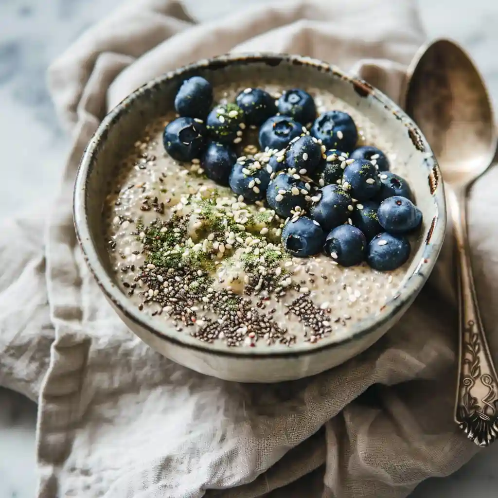 blueberry-chia-serving-suggestion A bowl of blueberry oat chia pudding topped with berries and hemp seeds