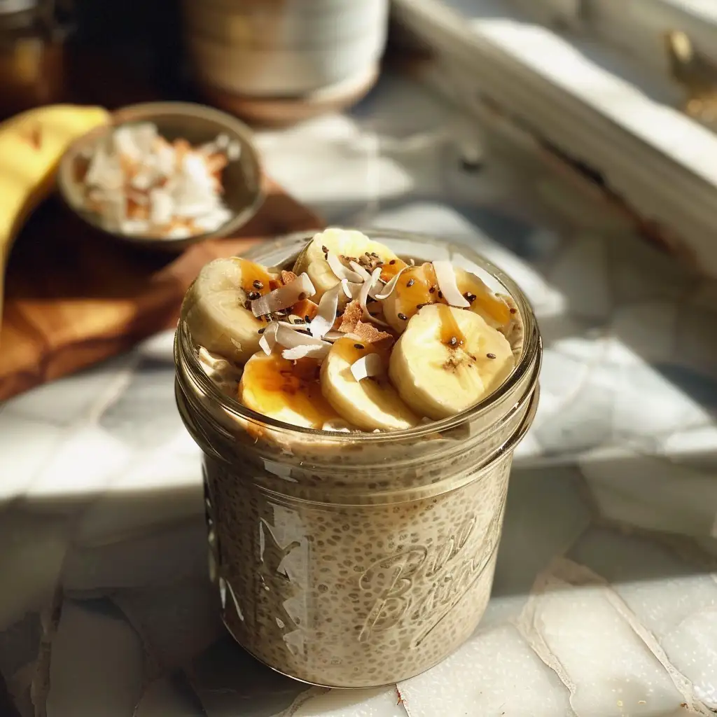 A cozy jar of miso chia pudding topped with banana, coconut, and maple