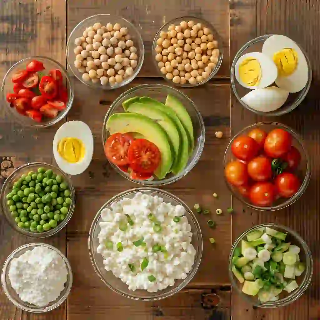 cottage-cheese-bowl-ingredients All ingredients for TikTok Viral Cottage Cheese Power Bowl for Mounjaro Lunch laid out on counter