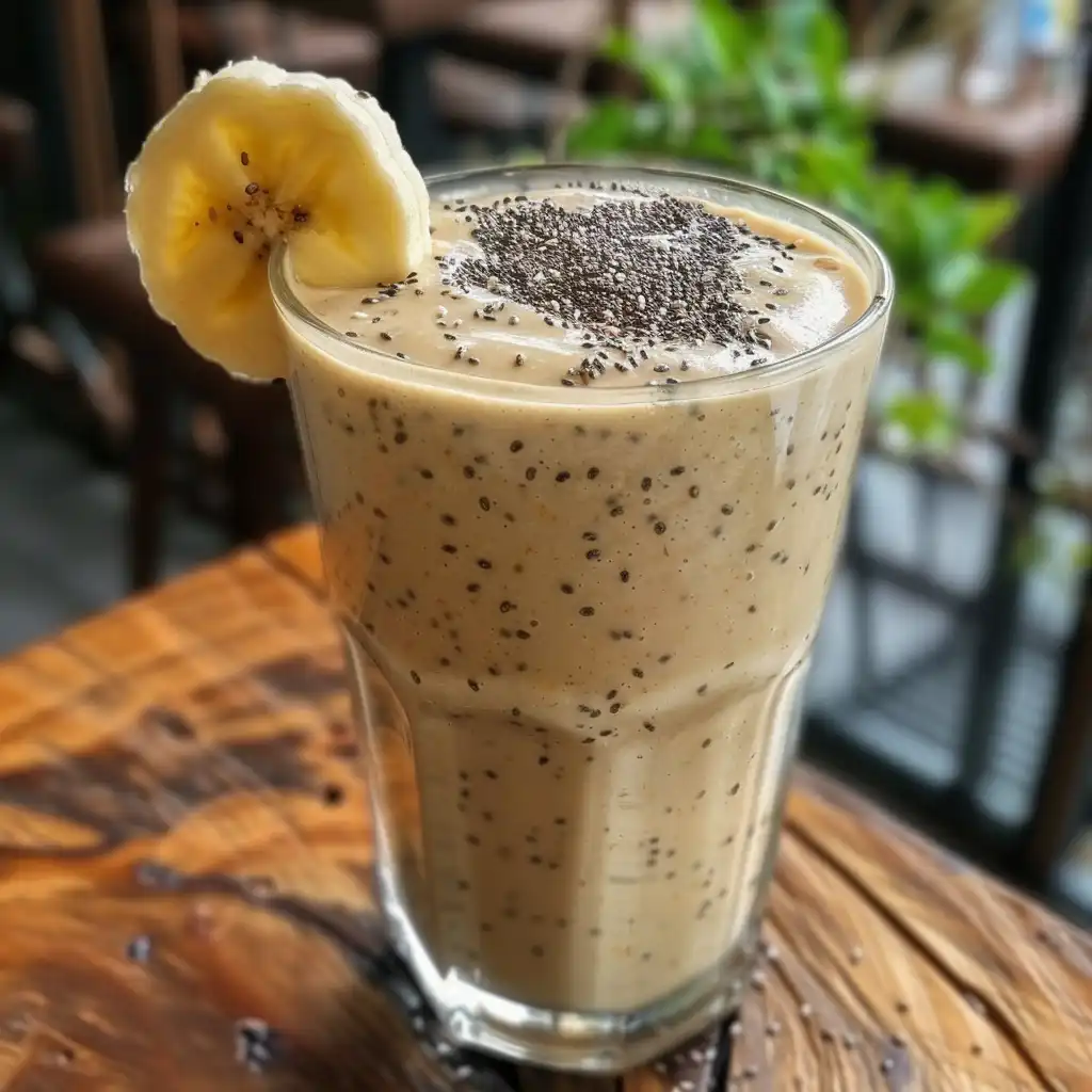 Ashwagandha Coffee Smoothie in a glass with banana slice and chia topping