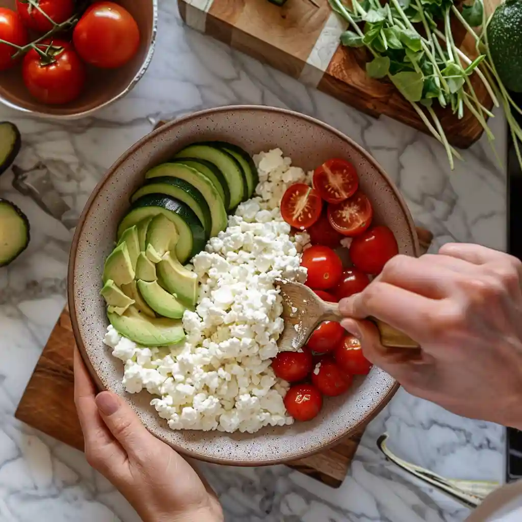 assembling-cottage-cheese-bowl Assembling a TikTok Viral Cottage Cheese Power Bowl for Mounjaro Lunchwith fresh toppings