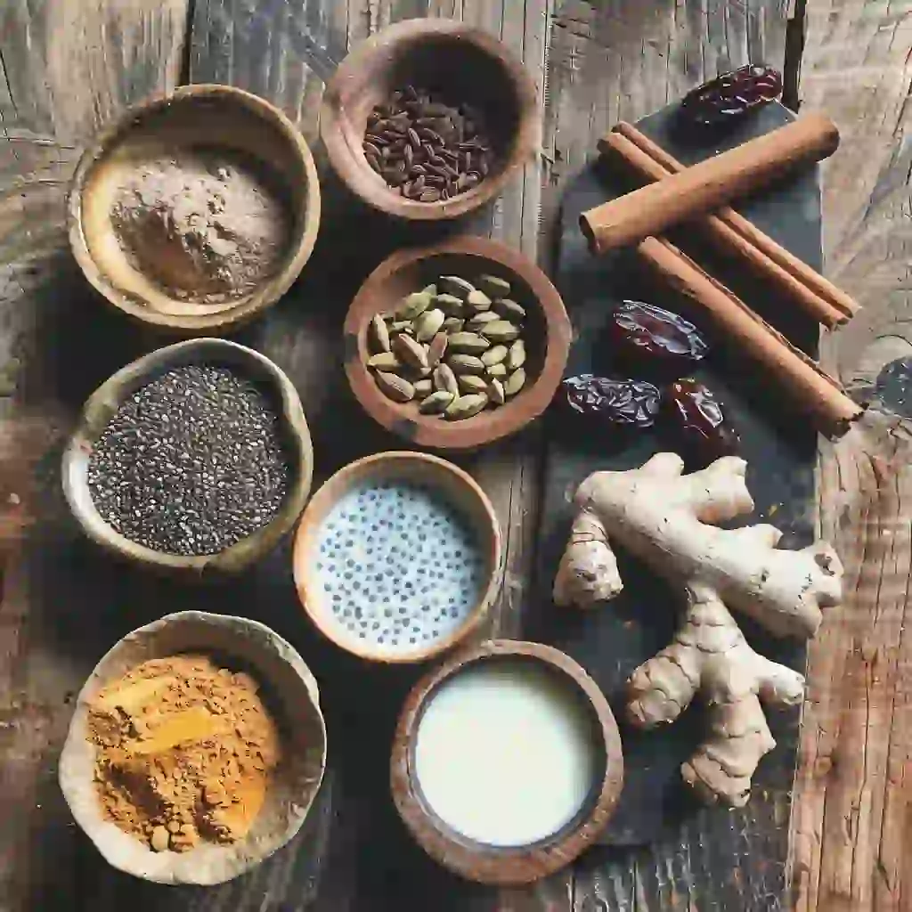 ayurvedic-chia-pudding-ingredients Ayurvedic chia pudding ingredients laid out – chia seeds, almond milk, cinnamon, cardamom, dates