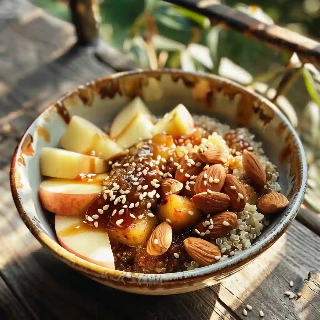 Ayurvedic Spiced Quinoa Breakfast Bowl with stewed apples and soaked almonds