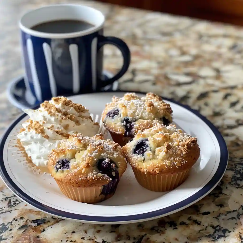 Baked blueberry muffins on a breakfast plate with coffee and yogurt