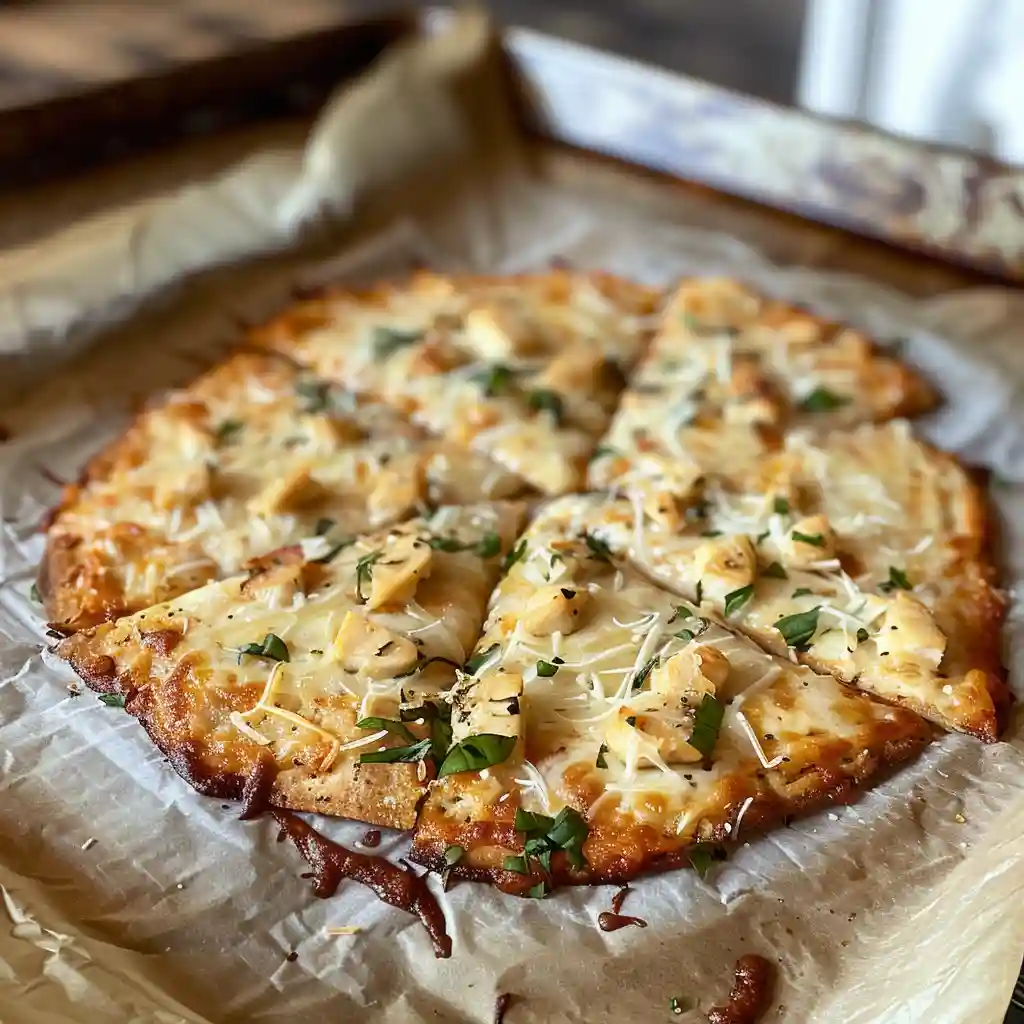 Baked keto chicken crust pizza with golden edges and melted cheese
