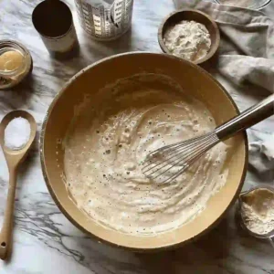 Tigernut Flour Pancakes (Gluten-Free, AIP, and High-Protein Recipe) 8 Batter being whisked in a bowl for tigernut flour pancakes with ingredients visible