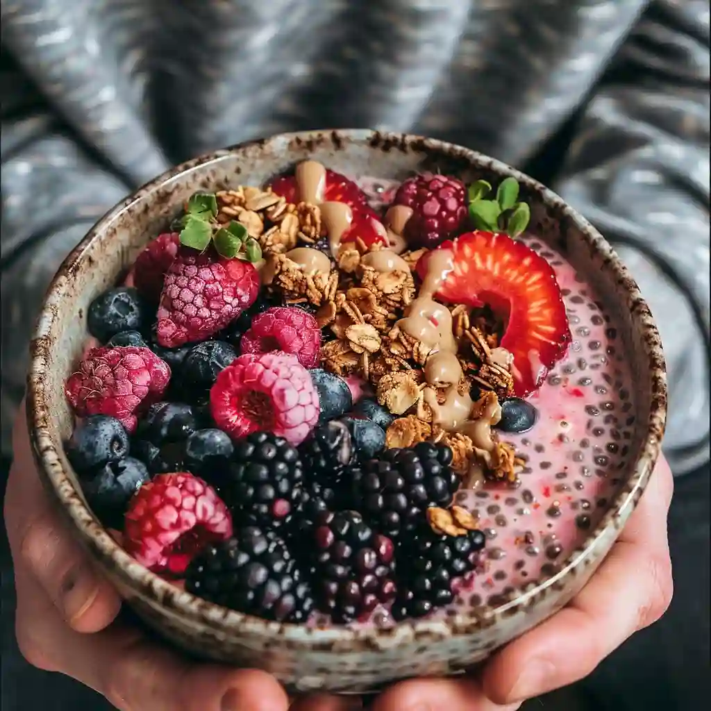 berry-chia-serving-suggestion Berry chia smoothie bowl with granola, berries, and almond butter drizzle