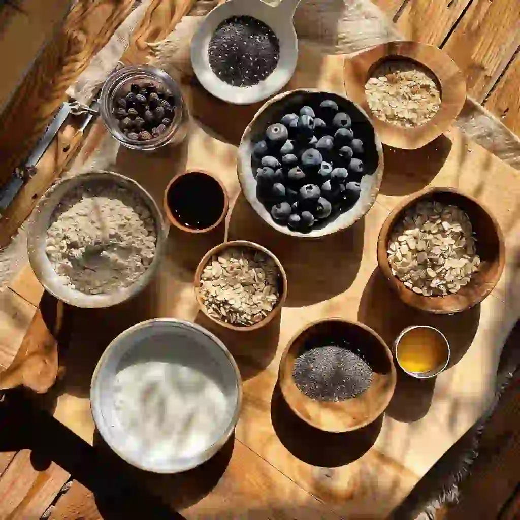blueberry-muffin-protein-ingredients Blueberry muffin ingredients including almond flour, oat flour, eggs, protein powder, and fresh blueberries