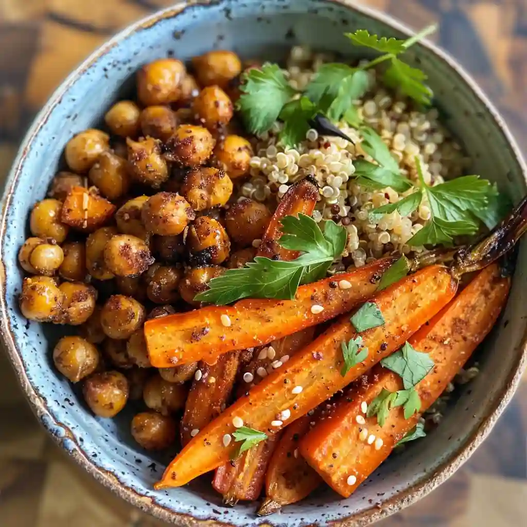 chickpea-quinoa-bowl-serving Bowl of chickpea and quinoa salad garnished with parsley and lemon