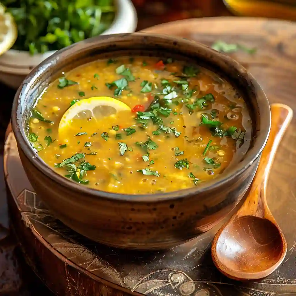 moong-dal-soup-serving Bowl of moong dal and veggie soup with lemon wedge and herbs