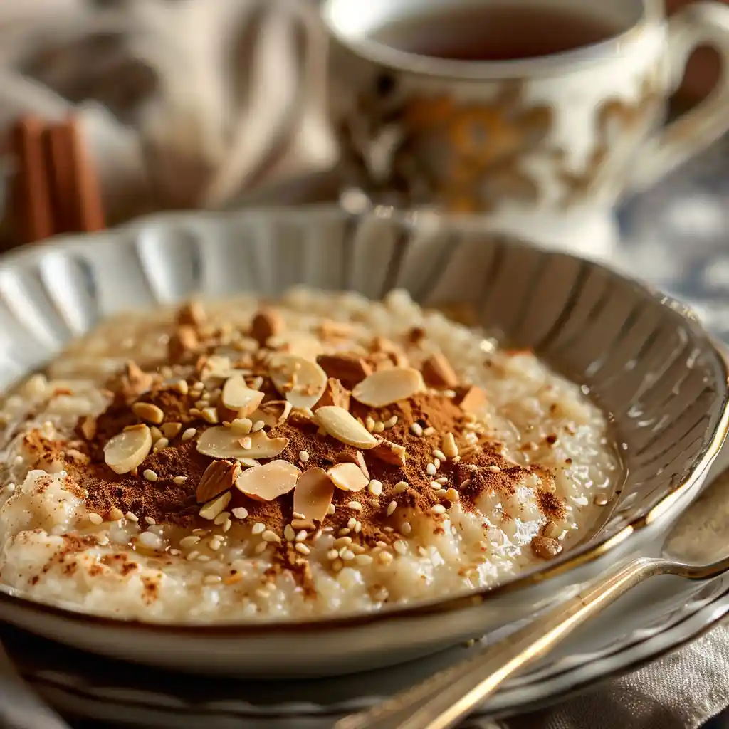 sesame-almond-porridge-serving Bowl of sesame almond porridge with cinnamon, served with tea