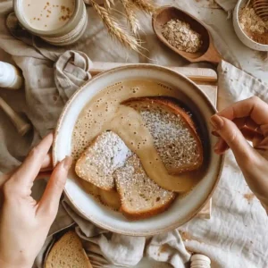 Bread slices being dipped in protein-rich batter for French toast