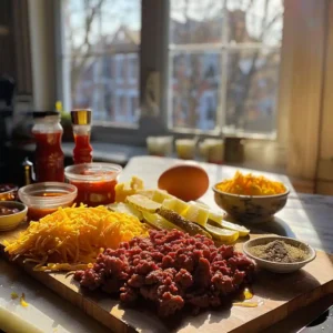 Cheeseburger omelet ingredients on a wooden counter including eggs, beef, cheese, and pickles