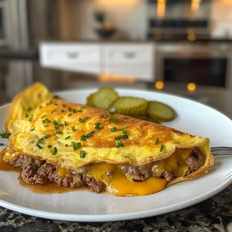 Cheeseburger omelet served with bacon, melted cheddar, and chopped pickles