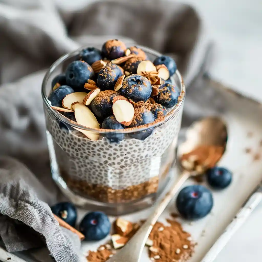 chia-pudding-serving-suggestion High-Protein Chia Recipes (No Powder Needed) served in a glass with fresh blueberries, almonds, and cinnamon