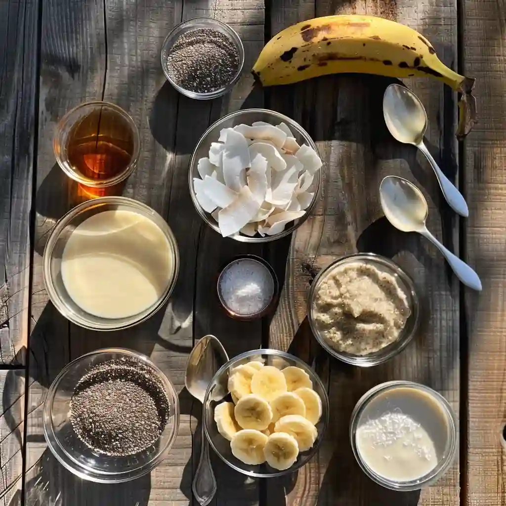 miso-chia-pudding-ingredients Chia seeds, white miso, almond milk, vanilla, and fruit laid out for miso chia pudding