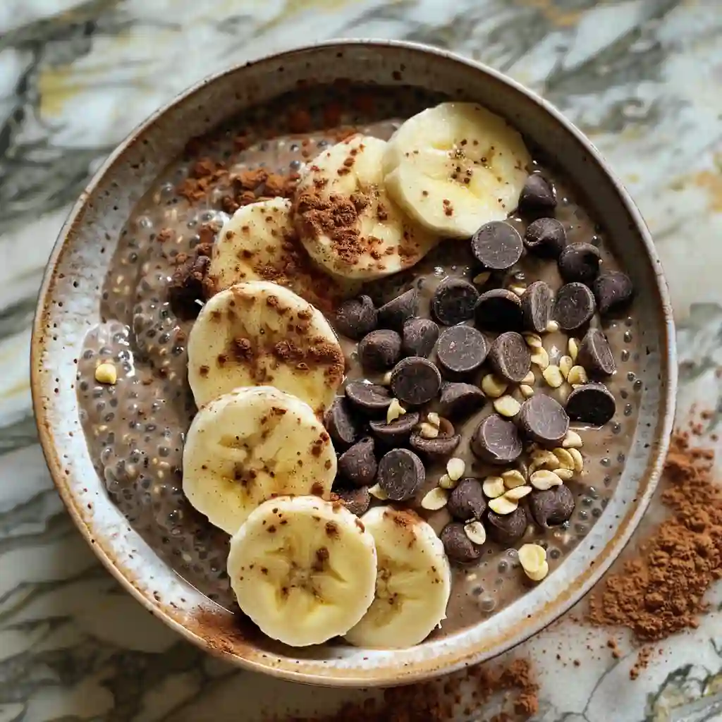 chia-bowl-serving-suggestion Chocolate chia pudding in a bowl topped with banana slices and chocolate chips