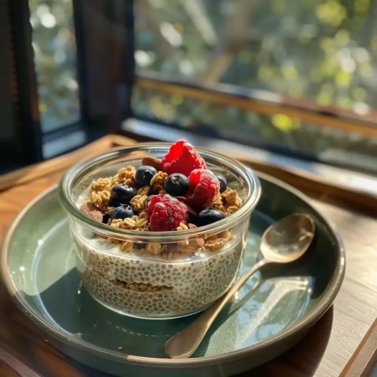 Cottage Cheese Chia Pudding – High Protein No Sugar 3-Ingredient Breakfast 2 Cottage cheese chia pudding topped with fruit and granola on a breakfast tray