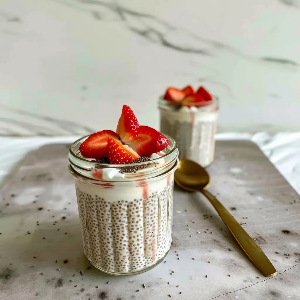 Cottage cheese chia pudding in a glass jar topped with chia seeds – creamy and protein-packed