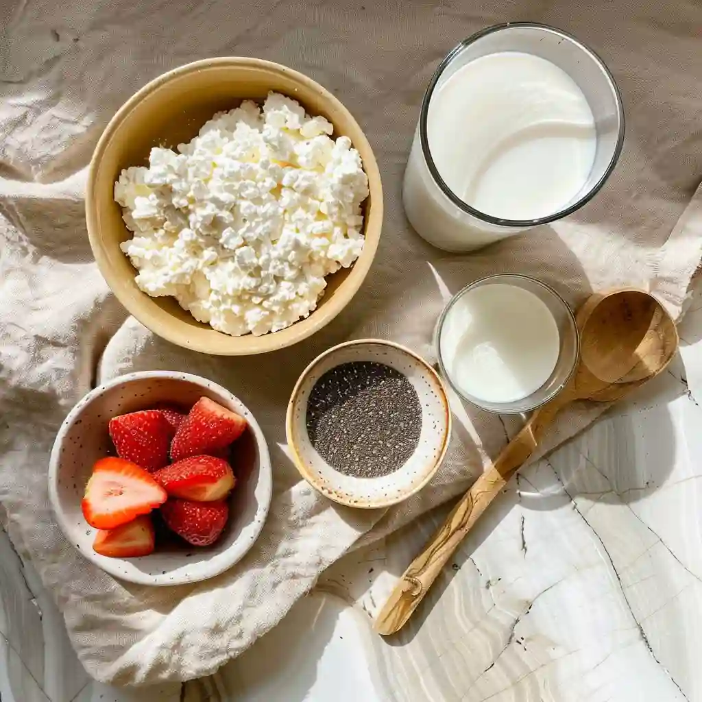 cottage-cheese-chia-ingredients cottage cheese chia pudding,Cottage cheese, chia seeds, and almond milk laid out on a rustic table