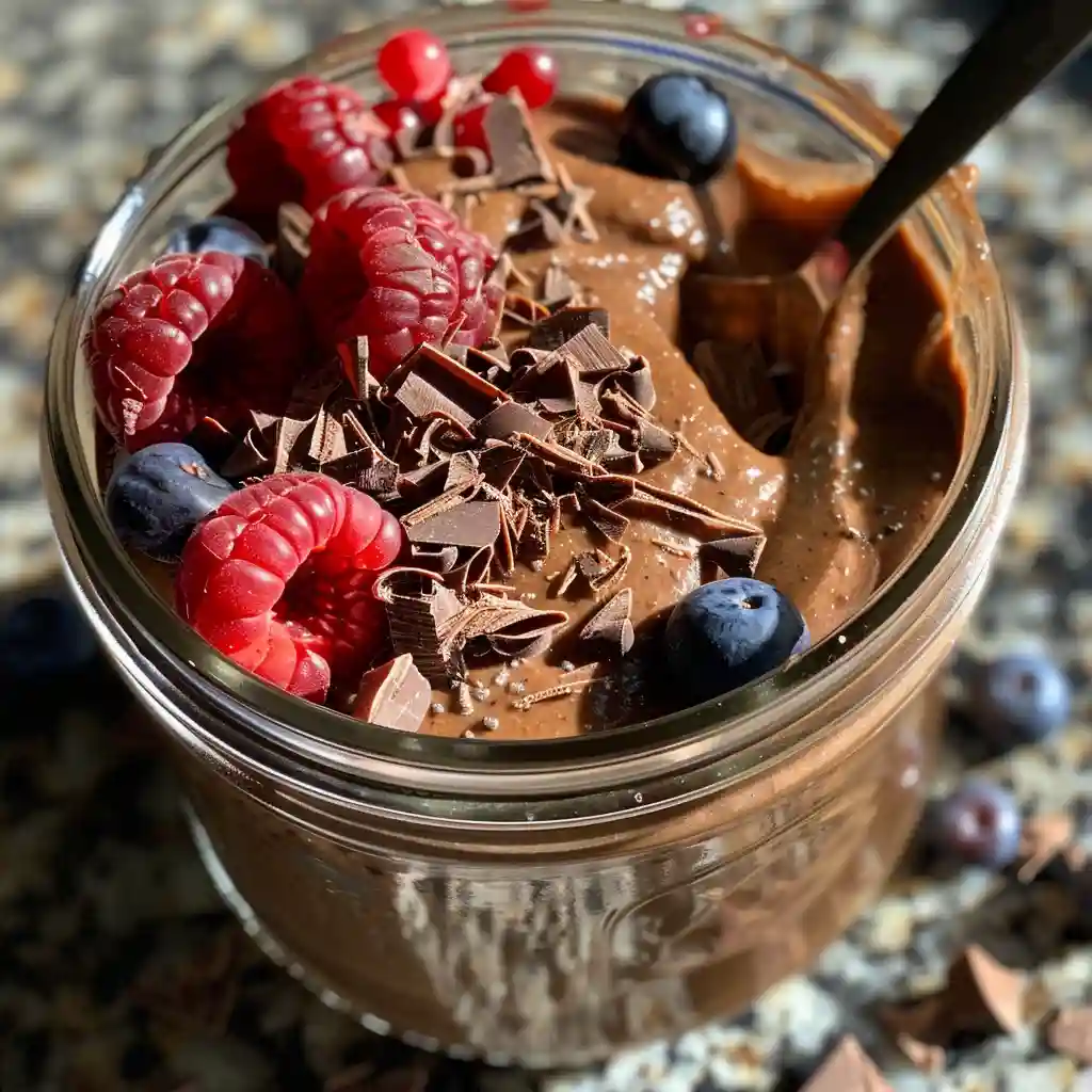 Cottage cheese chocolate mousse in a rustic jar topped with raspberries and chocolate