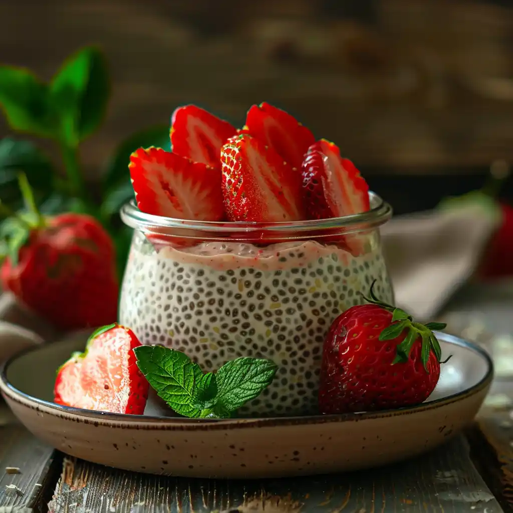 strawberry-chia-pudding-serving-suggestion Creamy strawberry chia pudding in a bowl with fresh fruit topping