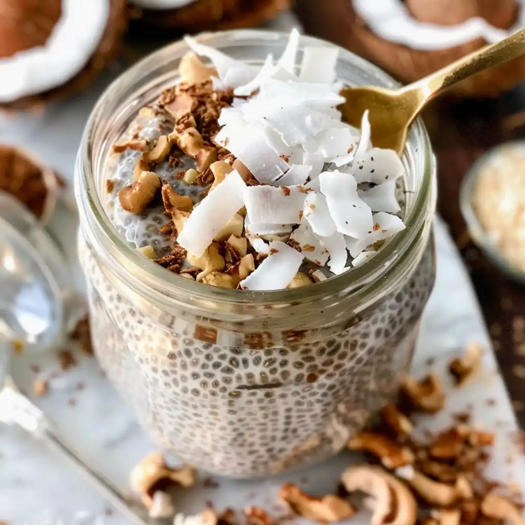 Easy Keto Chia Pudding in a jar with raspberries and coconut flakes