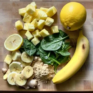 Fresh ingredients for a lemon ginger spinach smoothie laid out on a cutting board