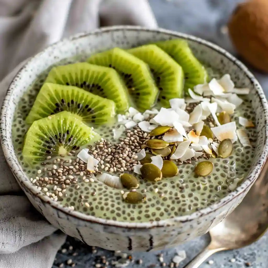 green-chia-serving-suggestion Green chia smoothie bowl in a shallow dish with kiwi, seeds, and coconut