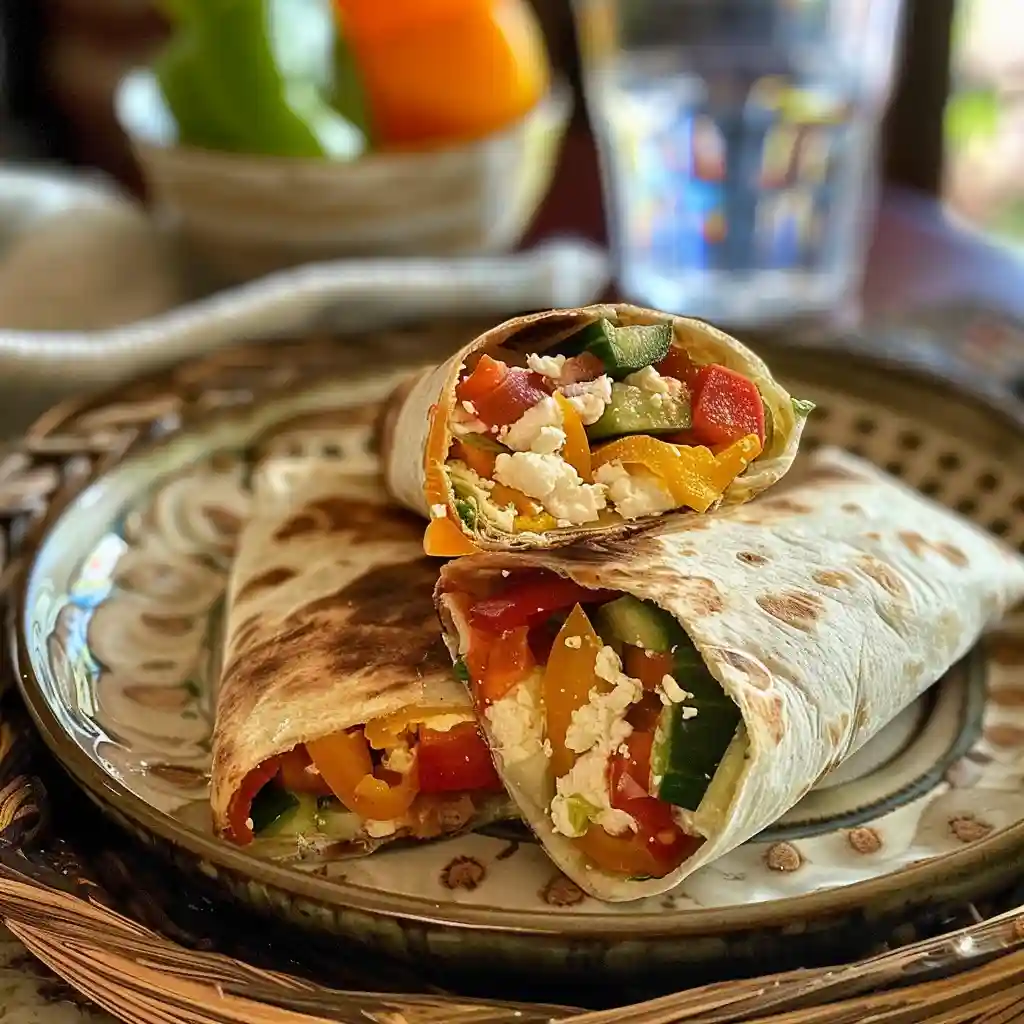 cottage-wrap-serving Mounjaro-Friendly Protein-Packed Lunch Halved veggie cottage cheese wraps plated with napkin and glass of water