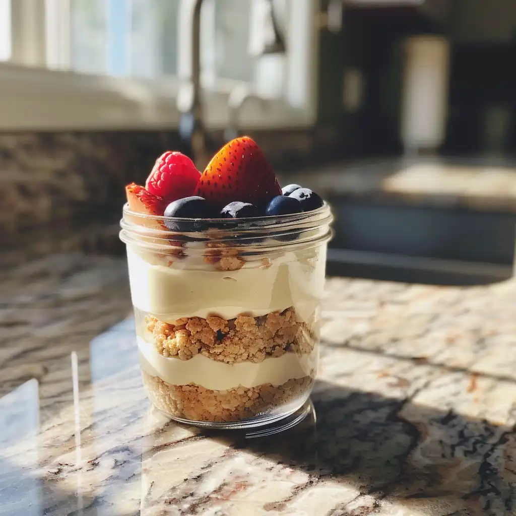 High protein cheesecake jar with strawberry topping and visible creamy layers