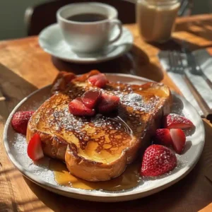 High protein French toast topped with berries and cinnamon on a ceramic plate