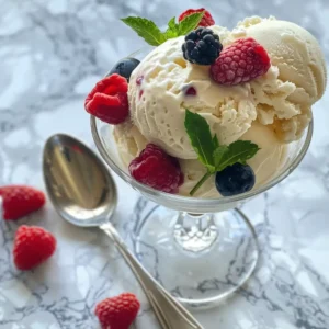 High-protein kefir ice cream in a ceramic bowl with strawberries and chocolate chips