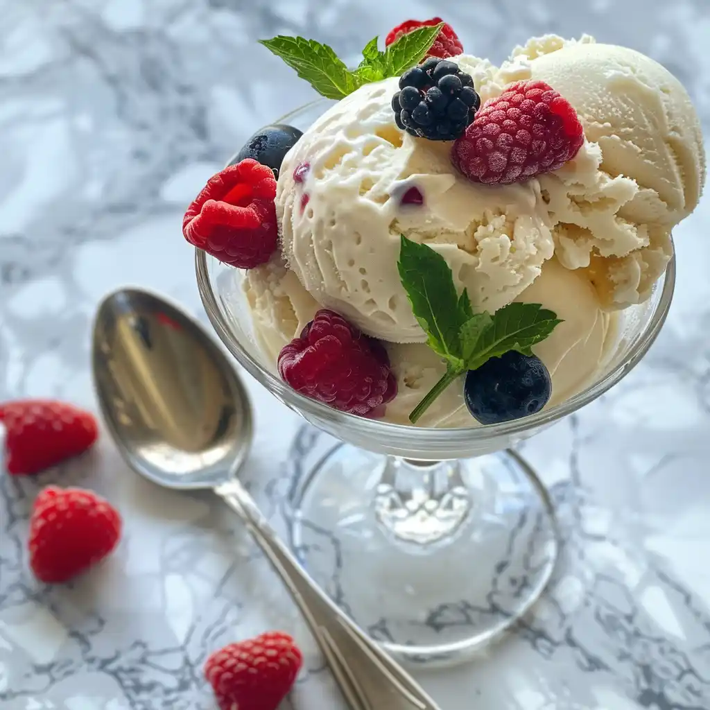 High-protein kefir ice cream in a ceramic bowl with strawberries and chocolate chips
