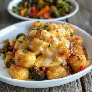 High-protein tater tot casserole fresh out of the oven with golden cheese and crispy tots